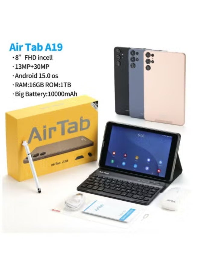 AIR TAB تابلت ذكي A19 مع لوحة مفاتيح عربية، شاشة FHD بحجم 8 إنش، 16 جيجابايت RAM، 1 تيرابايت تخزين، بطارية 10000 مللي أمبير، كاميرا، قلم ستايلس، تابلت أندرويد أنيق للدارسة، المكتب، الألعاب والترفيه - Image 2